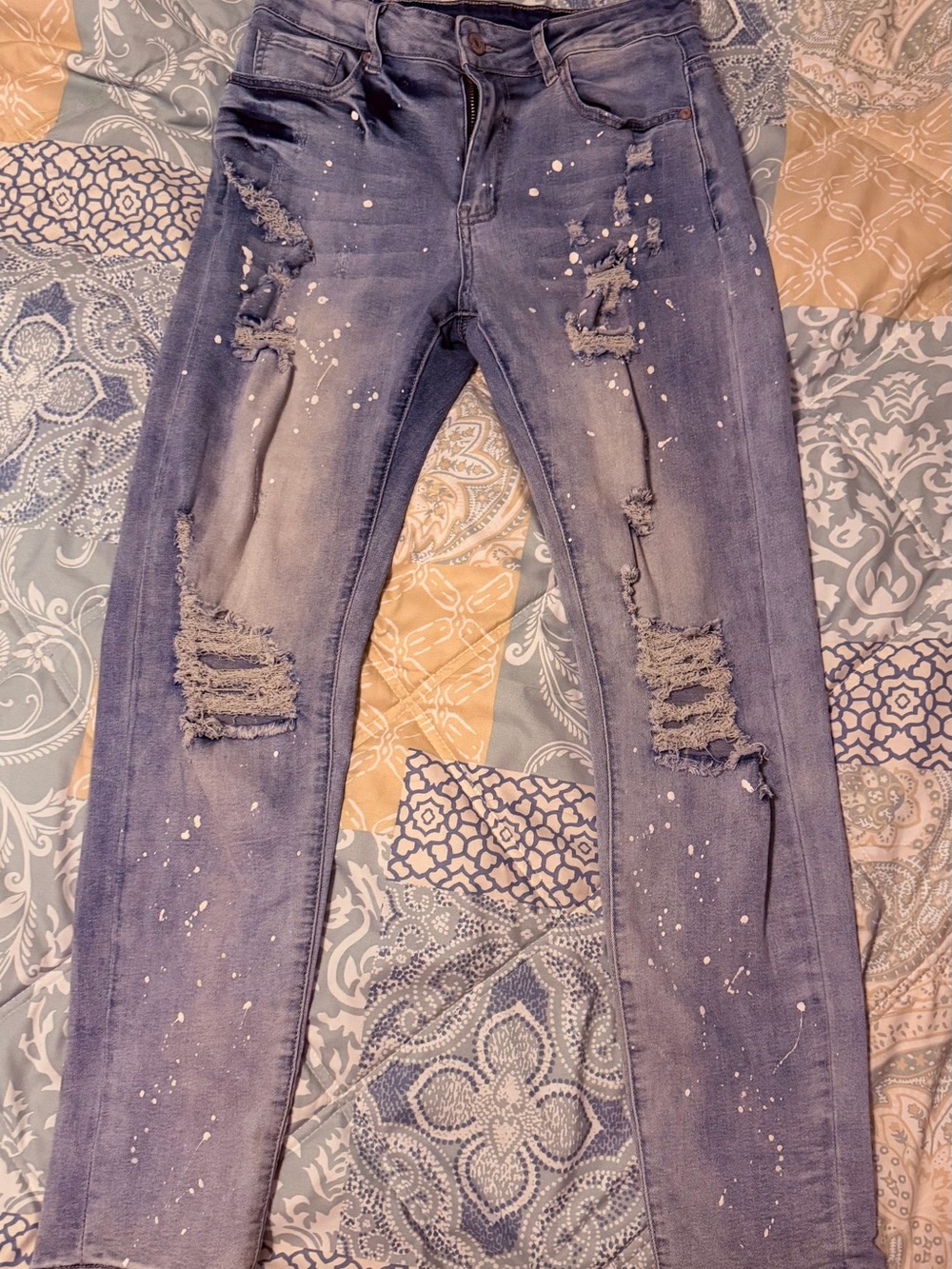 Women’s Distressed Blue Skinny Jeans - Paint-Splatter Detail
